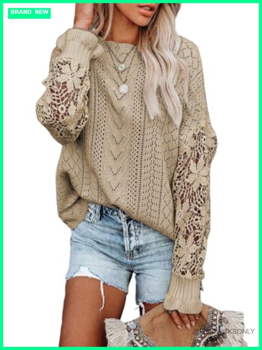 Dokotoo Crochet Lace Long Sleeve Cable Knit Pullover Sweater